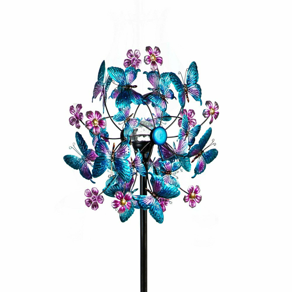 Blue Butterfly & Flowers Solar Metal Wind Spinner, 74" H