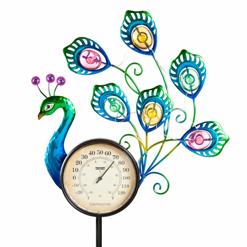 36"H Solar Peacock Thermometer Stake