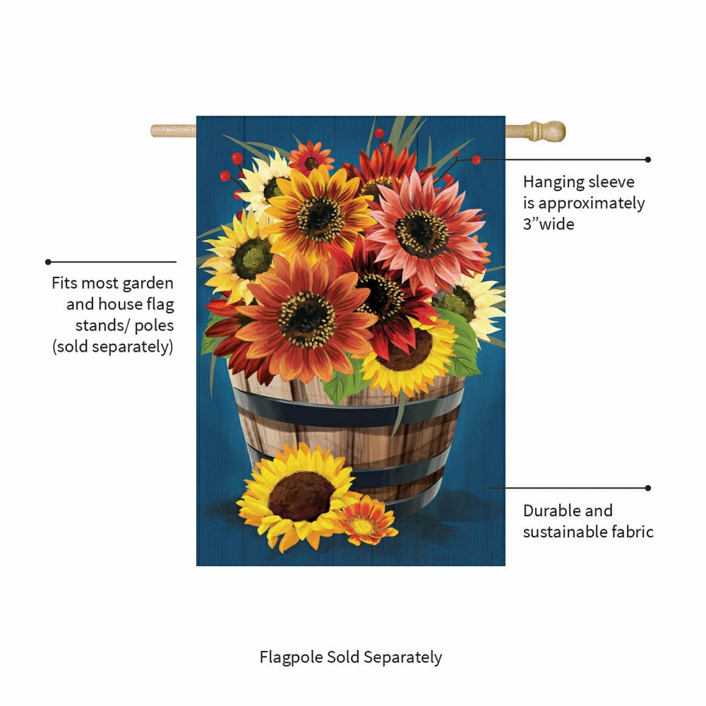 Barrel Of Blooms & Pumpkins Burlap House Flag