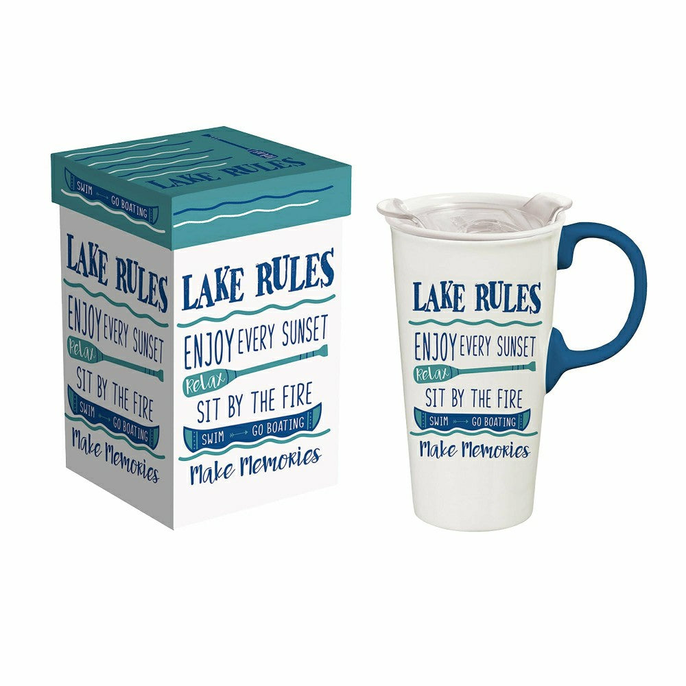 Ceramic Travel Cup, 17 OZ. ,w/box Lid, Lake Rules
