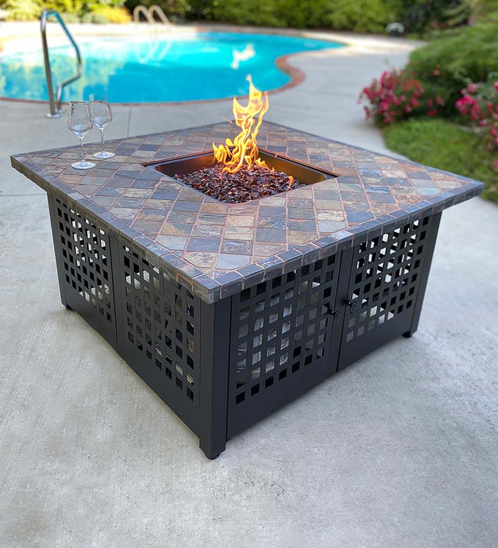 Plow & Hearth Fire Pits | Fireplace & Hearth Kingsbury Outdoor Lp Gas Fire Pit With Slate And Marble Tile Mantel, 42"