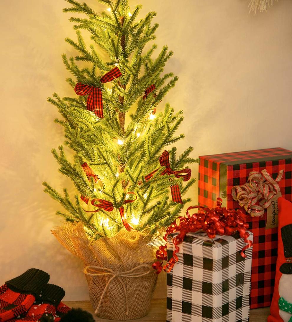 Plow & Hearth Home Accents | Indoor Living Plaid Bows 29" Artificial Lighted Tree In Burlap Pot