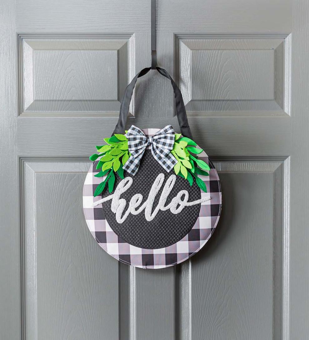 Plow & Hearth Home Accents | Indoor Living Buffalo Check Green Foliage Hello Hanging Door DÉCor