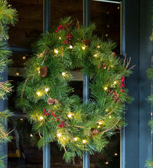 Plow & Hearth Garden Accents | Indoor Living Indoor/Outdoor Blue Ridge Wreath With Battery-Operated Dual-Function Lights, 24" Dia.