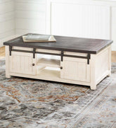 Plow & Hearth Accent Tables | Indoor Living Cape Charles Reclaimed Wood Coffee/Cocktail Table With Sliding Barn Doors - White
