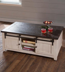 Plow & Hearth Accent Tables | Indoor Living Cape Charles Reclaimed Wood Coffee/Cocktail Table With Sliding Barn Doors - White