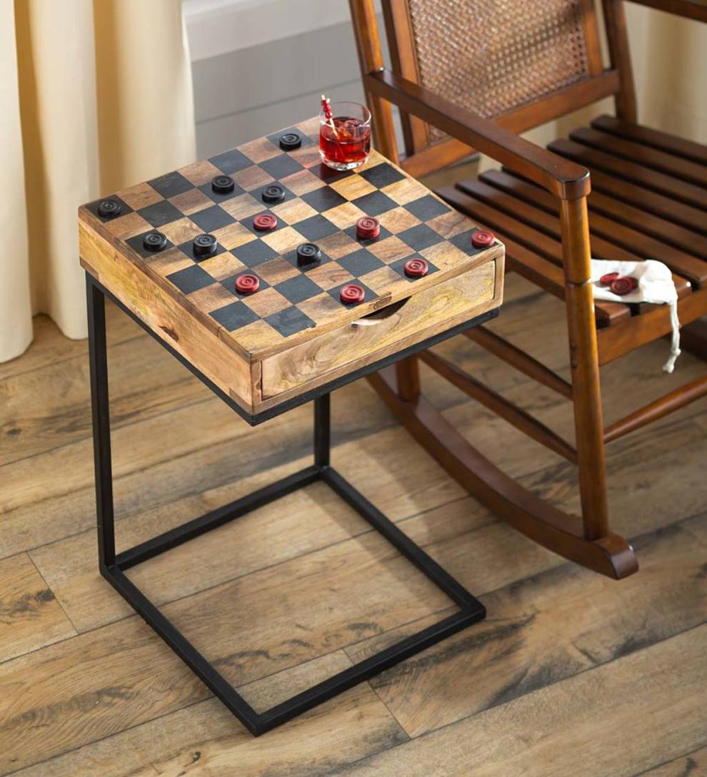 Plow & Hearth Accent Tables | Indoor Living Checkerboard Pull-Up Side Table With Game Pieces