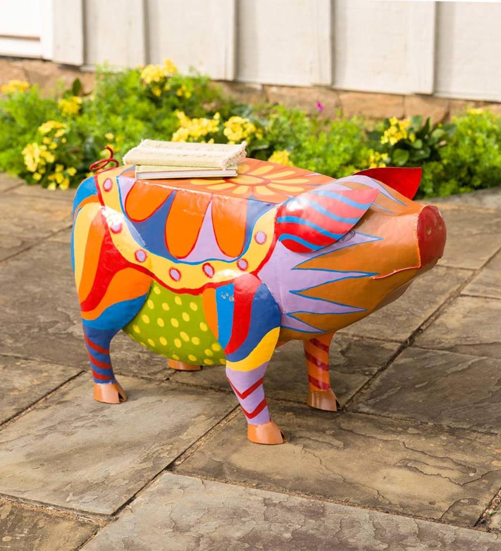 Plow & Hearth Accent Tables | Indoor Living Colorful Folk Art Pig Side Table