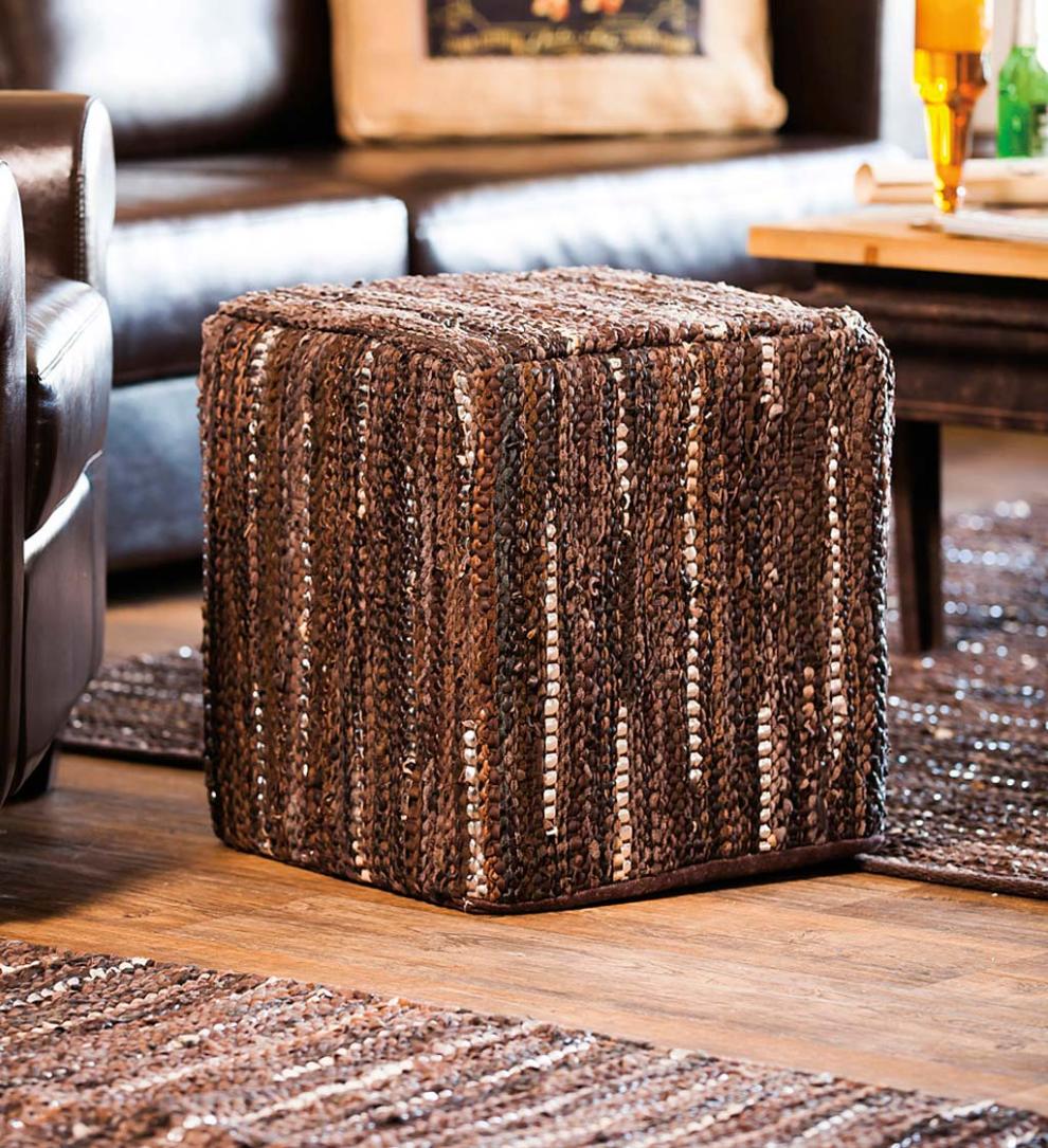 Plow & Hearth Accent Tables | Indoor Living Patterned Leather Pouf Ottoman - Brown