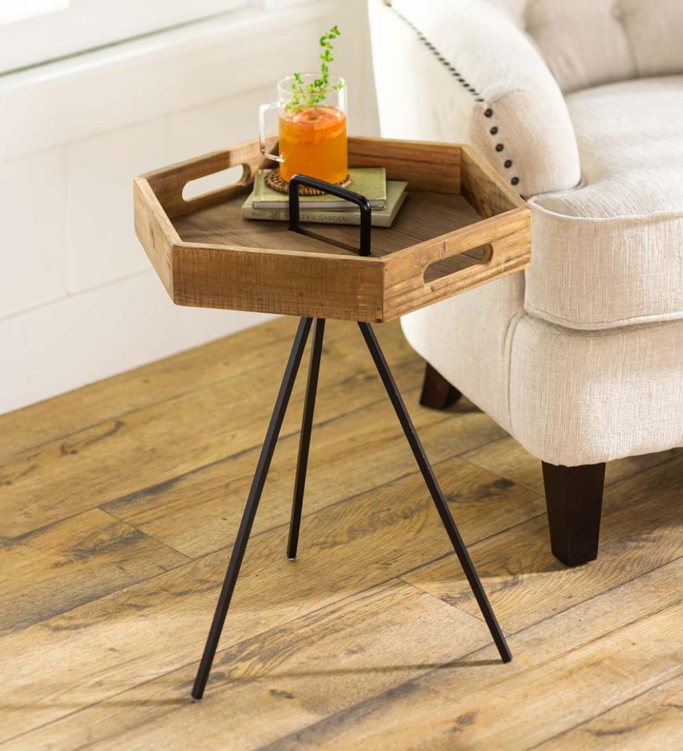 Plow & Hearth Accent Tables | Indoor Living Rowan Ridge Reclaimed Wood Hexagon Table With Removable Tray