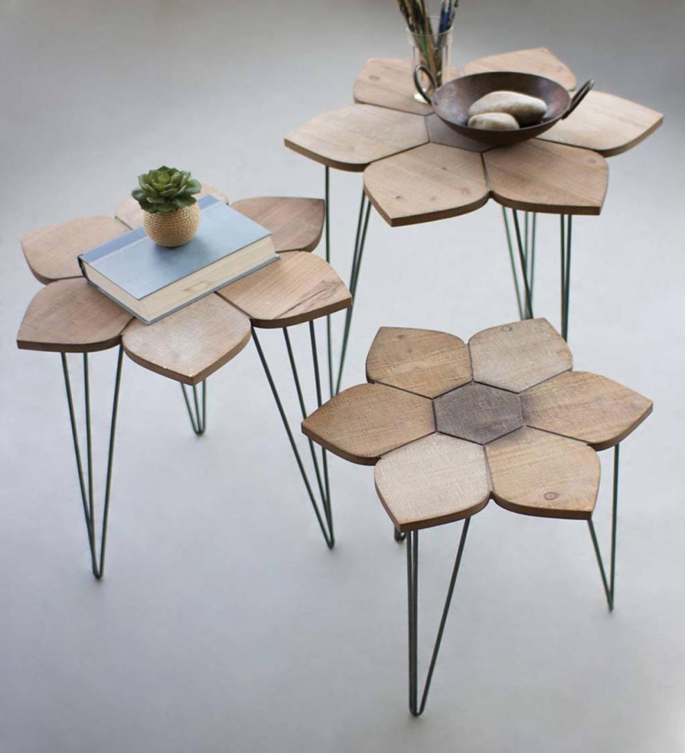 Plow & Hearth Accent Tables | Indoor Living Wood Flower Top Nesting Tables, Set Of 3