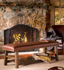 Plow & Hearth Bedroom Furniture | Indoor Living Canyon Brown Leather And Wood Bench With Slatted Bottom Shelf