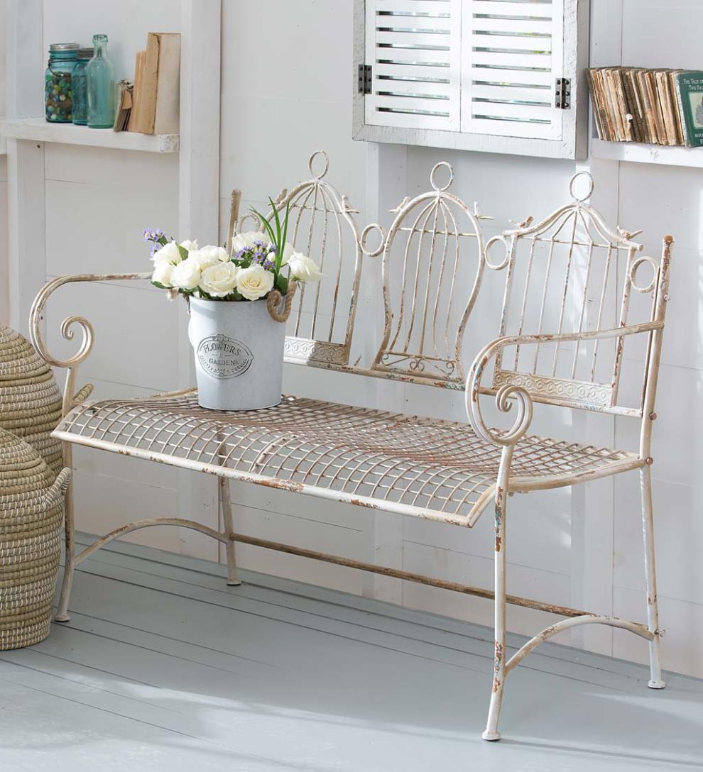 Plow & Hearth Benches & Chairs | Outdoor Living Birdcage Antique Metal Garden Bench - White