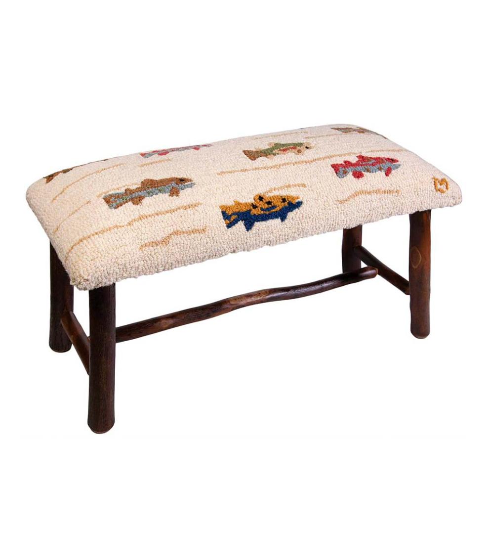 Plow & Hearth Benches | Indoor Living Summer Trout Hand-Hooked Wool And Hickory Wood Bench