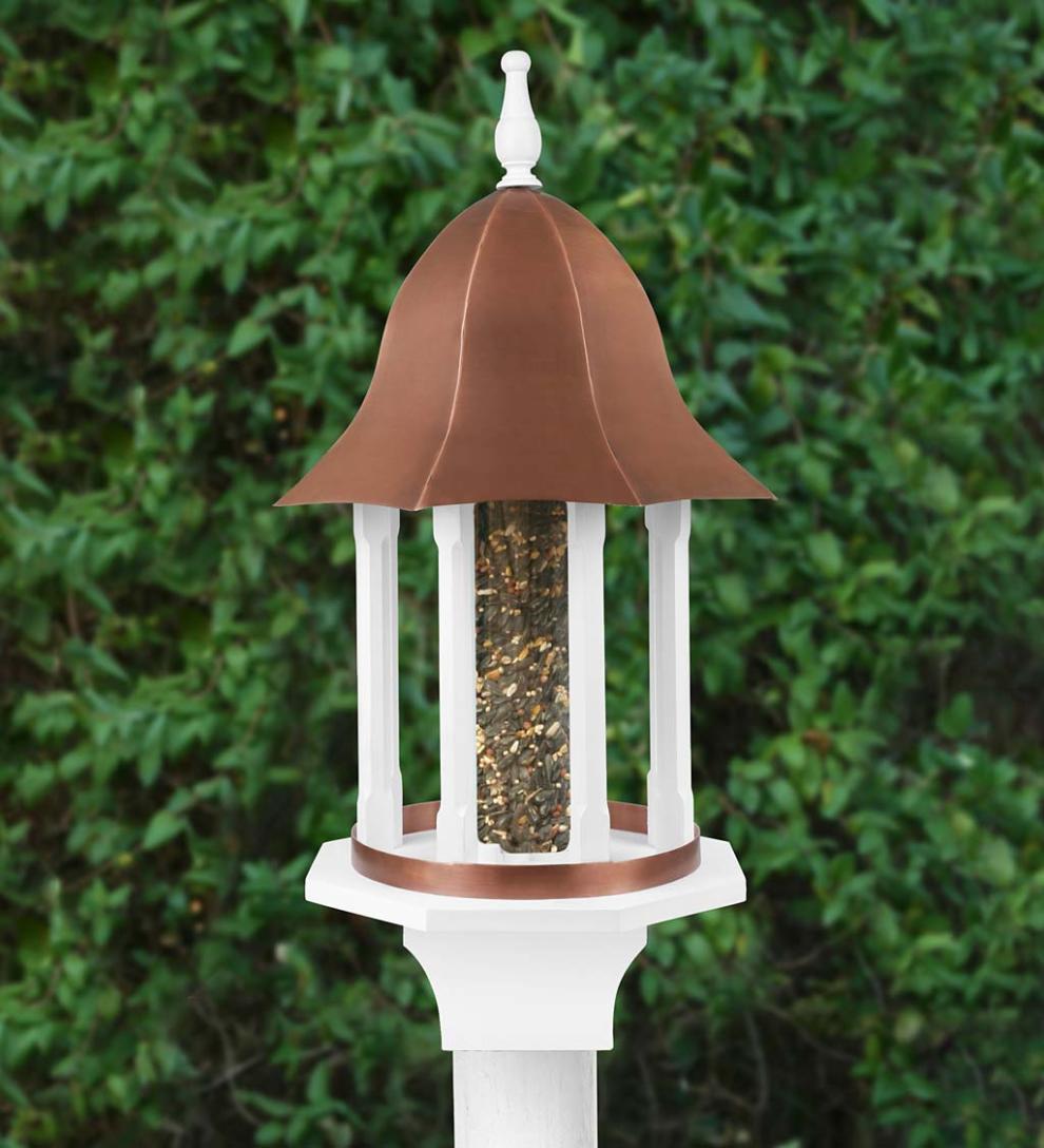 Plow & Hearth Bird Feeders | Yard & Garden Copper-Roofed Manor Bird Feeder With White Hardwood Columns