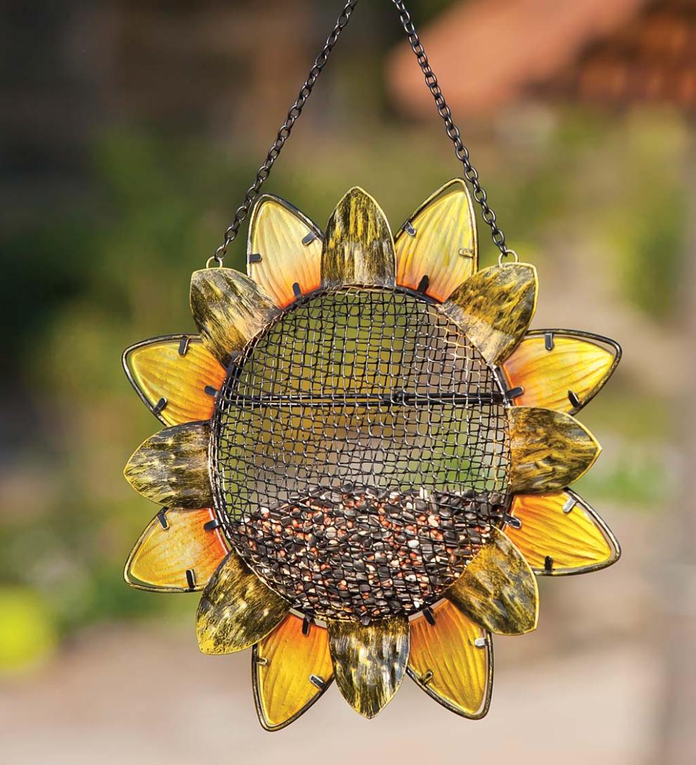 Plow & Hearth Bird Feeders | Yard & Garden Glass Sunflower Hanging Mesh Bird Feeder