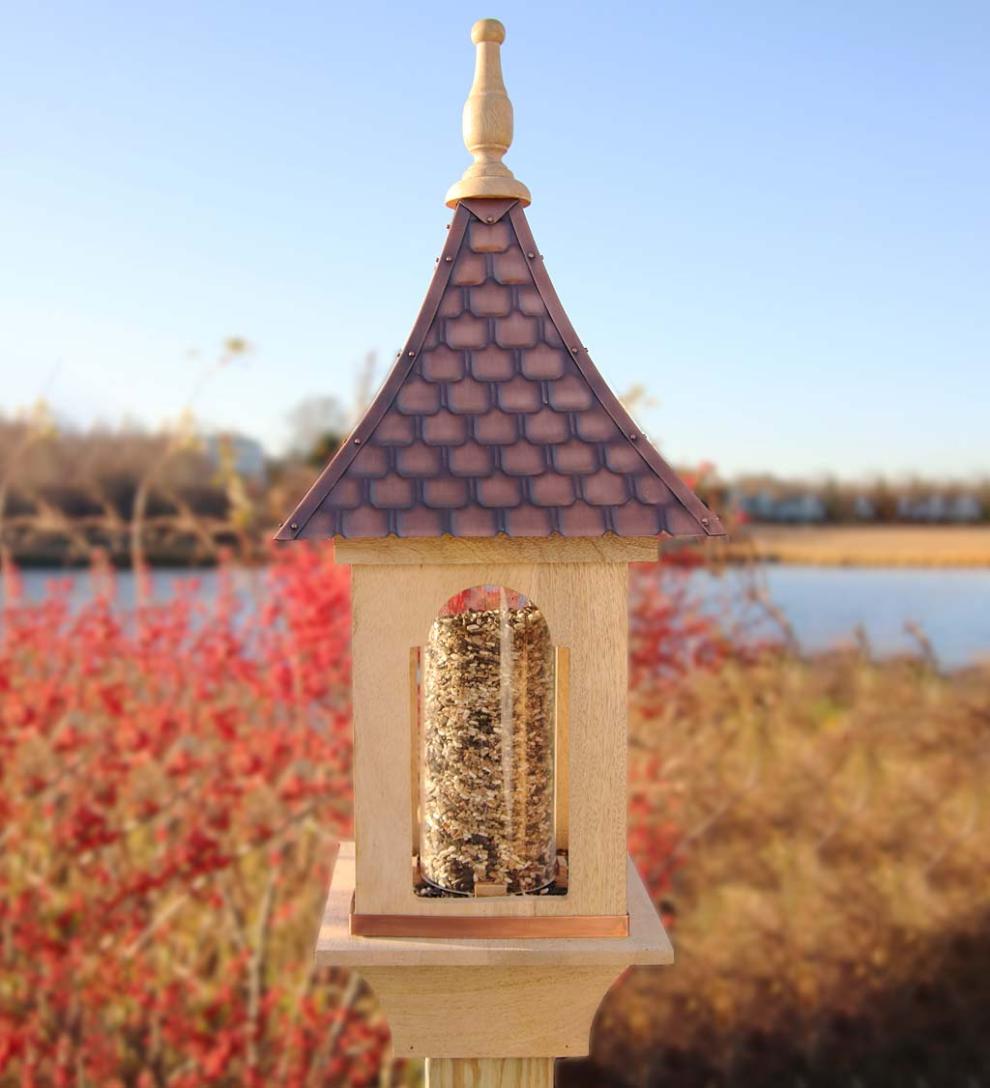Plow & Hearth Bird Feeders | Yard & Garden Hand-Hammered Copper And Unstained Hardwood Villa-Style Bird Feeder