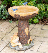 Plow & Hearth Birdbaths | Yard & Garden Forty Winks Tree Stump Birdbath With Cat And Bluebirds