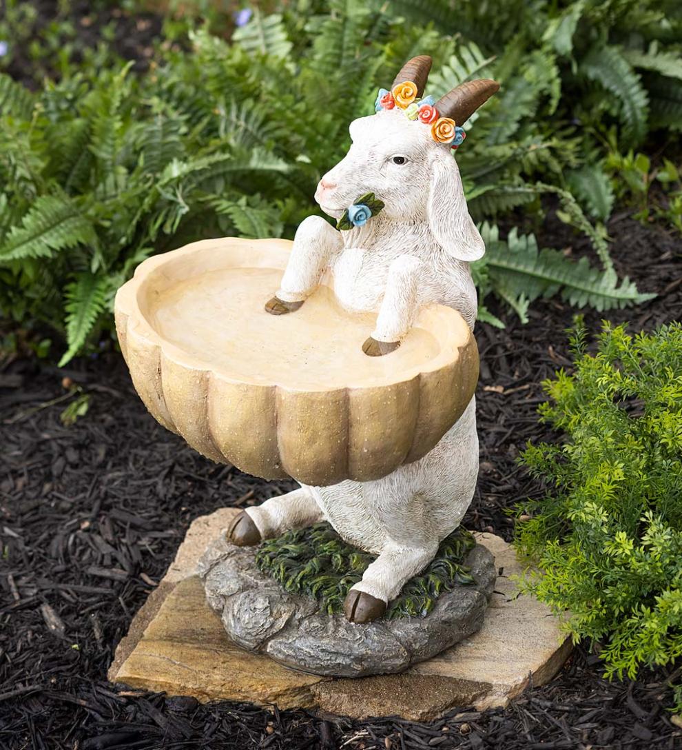 Plow & Hearth Birdbaths | Yard & Garden Goat With Floral Crown Carved Birdbath