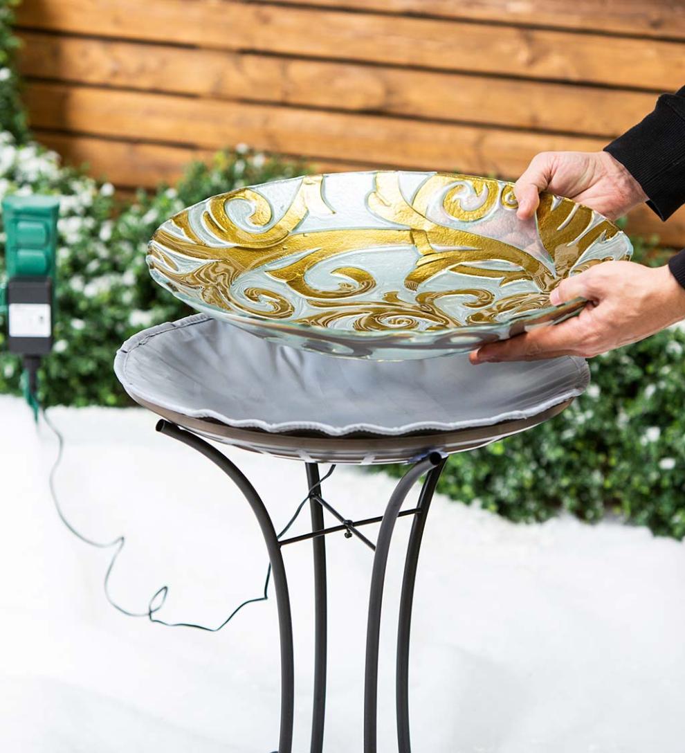 Plow & Hearth Birdbaths | Yard & Garden Hand-Painted Golden Scroll Glass Bird Bath With Heater And Stand