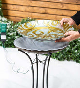 Plow & Hearth Birdbaths | Yard & Garden Hand-Painted Golden Scroll Glass Bird Bath With Heater And Stand