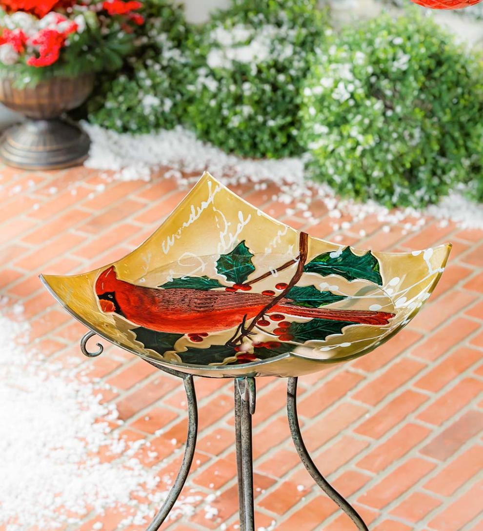 Plow & Hearth Birdbaths | Yard & Garden Hand-Painted Holiday Cardinal Embossed Square Glass Bird Bath
