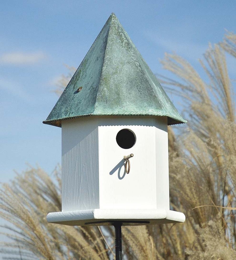 Plow & Hearth Birdhouses | Yard & Garden Copper Songbird Deluxe Birdhouse With Verdigris Patina Roof