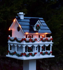 Plow & Hearth Birdhouses | Yard & Garden Lighted Holiday Colonial Cottage Birdhouse And Pedestal Pole Set