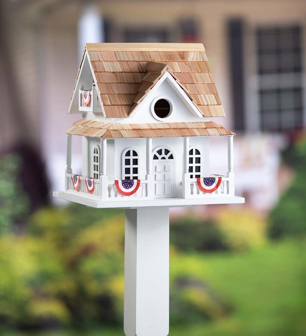Plow & Hearth Birdhouses | Yard & Garden Patriotic Birdhouse With Americana Bunting And Pedestal Pole Set