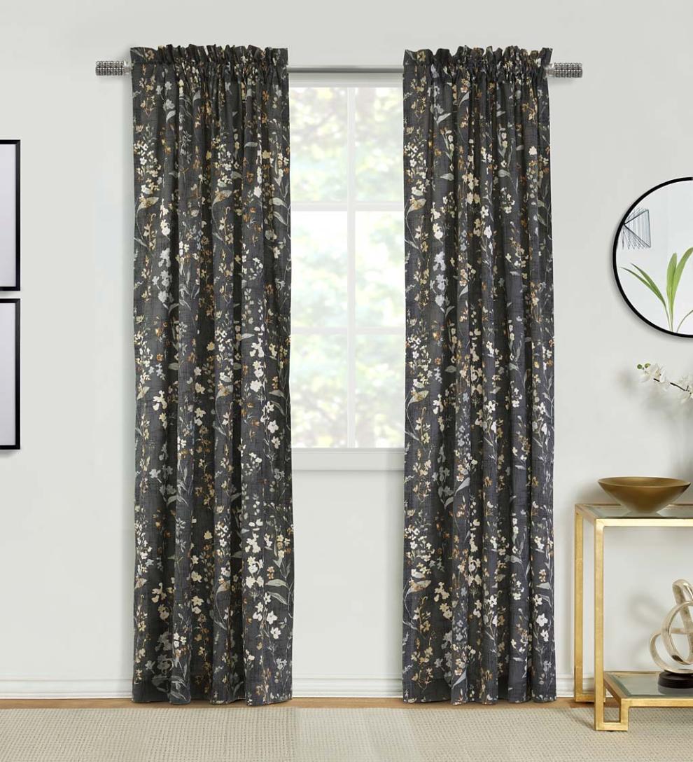 Plow & Hearth Curtain Panels | Indoor Living Rockport Floral Linen-Look Curtain Pairs With Tiebacks