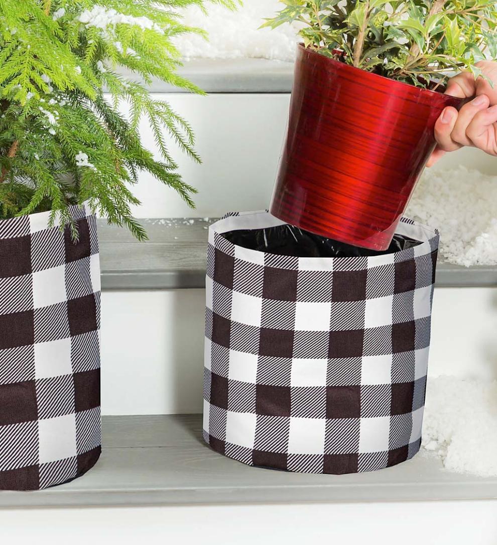 Plow & Hearth Deck & Patio Accents | Outdoor Living Black And White Buffalo Check Plaid Round Fabric Planters, Set Of 3