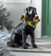 Plow & Hearth Deck & Patio Accents | Outdoor Living Black Labrador Statue With Removable Lighted Holiday Wreath