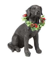 Plow & Hearth Deck & Patio Accents | Outdoor Living Black Labrador Statue With Removable Lighted Holiday Wreath