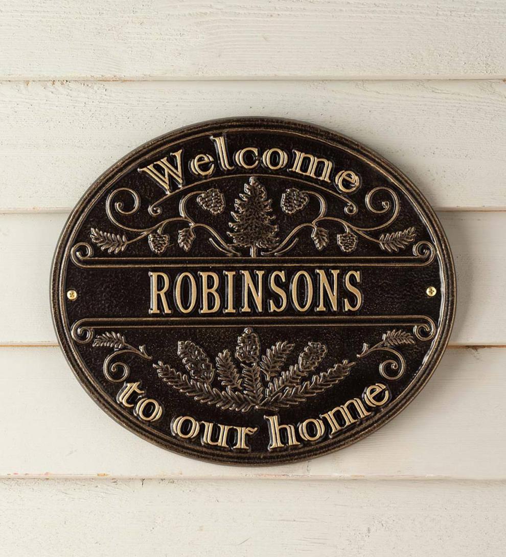 Plow & Hearth Deck & Patio Accents | Outdoor Living Cast Aluminum Personalized Pine Welcome Wall Plaque - Copper