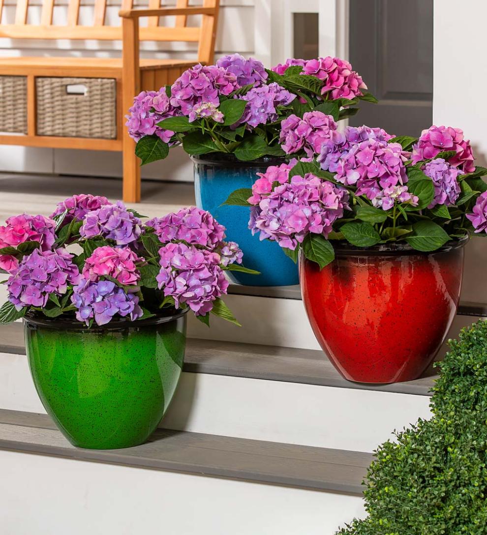 Plow & Hearth Deck & Patio Accents | Outdoor Living Colorful Faux Glazed Ceramic Self-Watering Planter - Blue