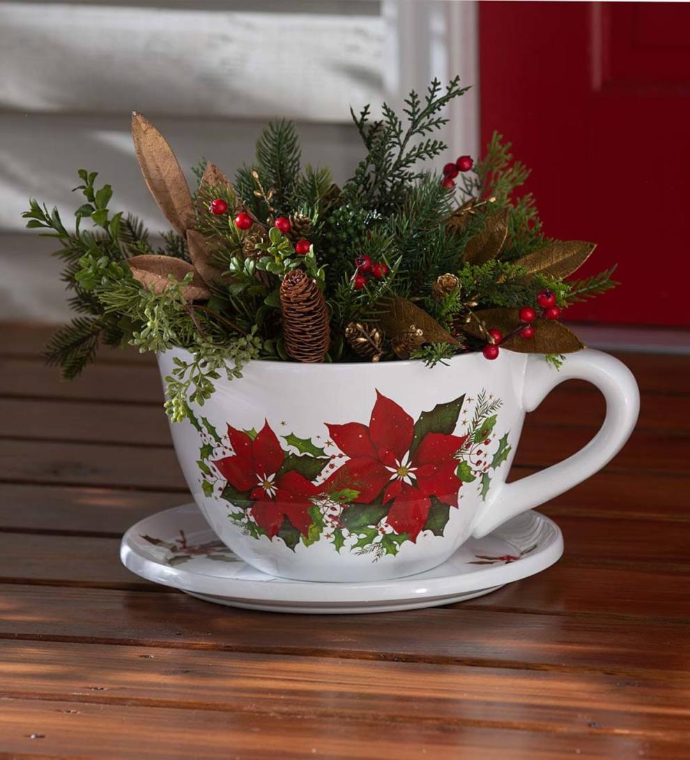 Plow & Hearth Deck & Patio Accents | Outdoor Living Indoor/Outdoor Poinsettia Teacup Planter With Saucer