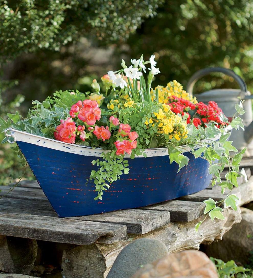Plow & Hearth Deck & Patio Accents | Outdoor Living Large Handmade Painted Metal Boat Planter/Container