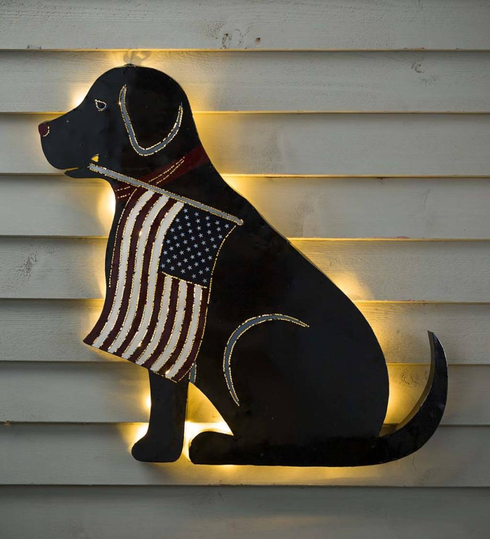 Plow & Hearth Deck & Patio Accents | Outdoor Living Lighted Black Labrador Americana Flag Standing/Hanging Accent