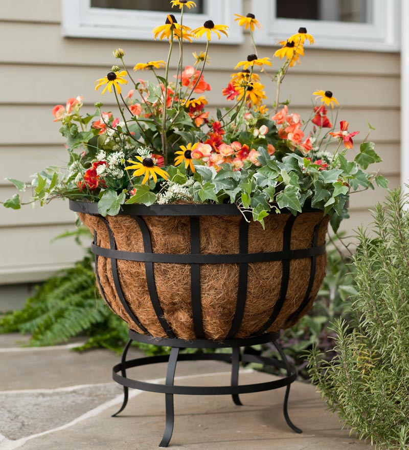 Plow & Hearth Deck Planters | Outdoor Living Footed Metal Basket Planter With Coco Liner