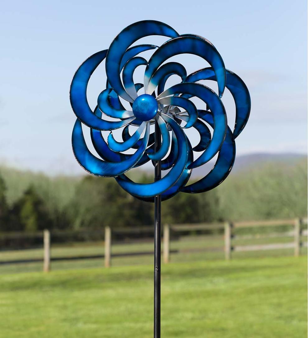 Plow & Hearth Decorative Garden Accents | Yard & Garden Blue Waves Metal Wind Spinner - Blue
