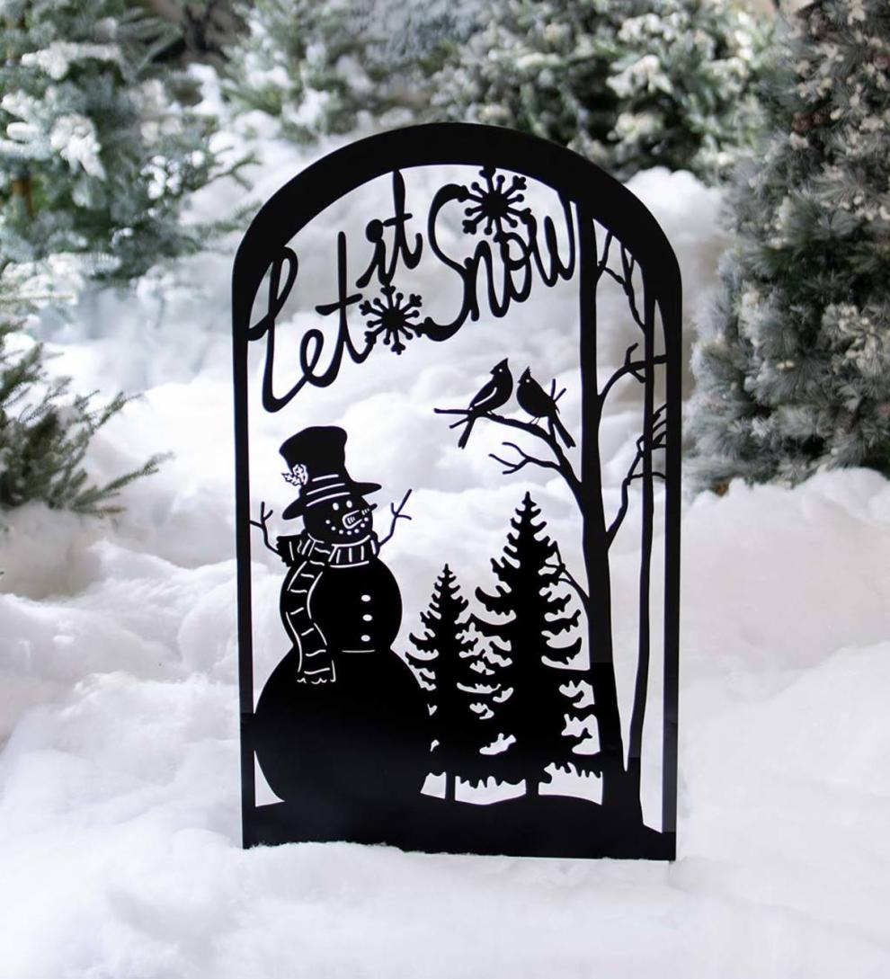 Plow & Hearth Decorative Garden Accents | Yard & Garden Let It Snow Metal Garden Trellis Stake With Snowman