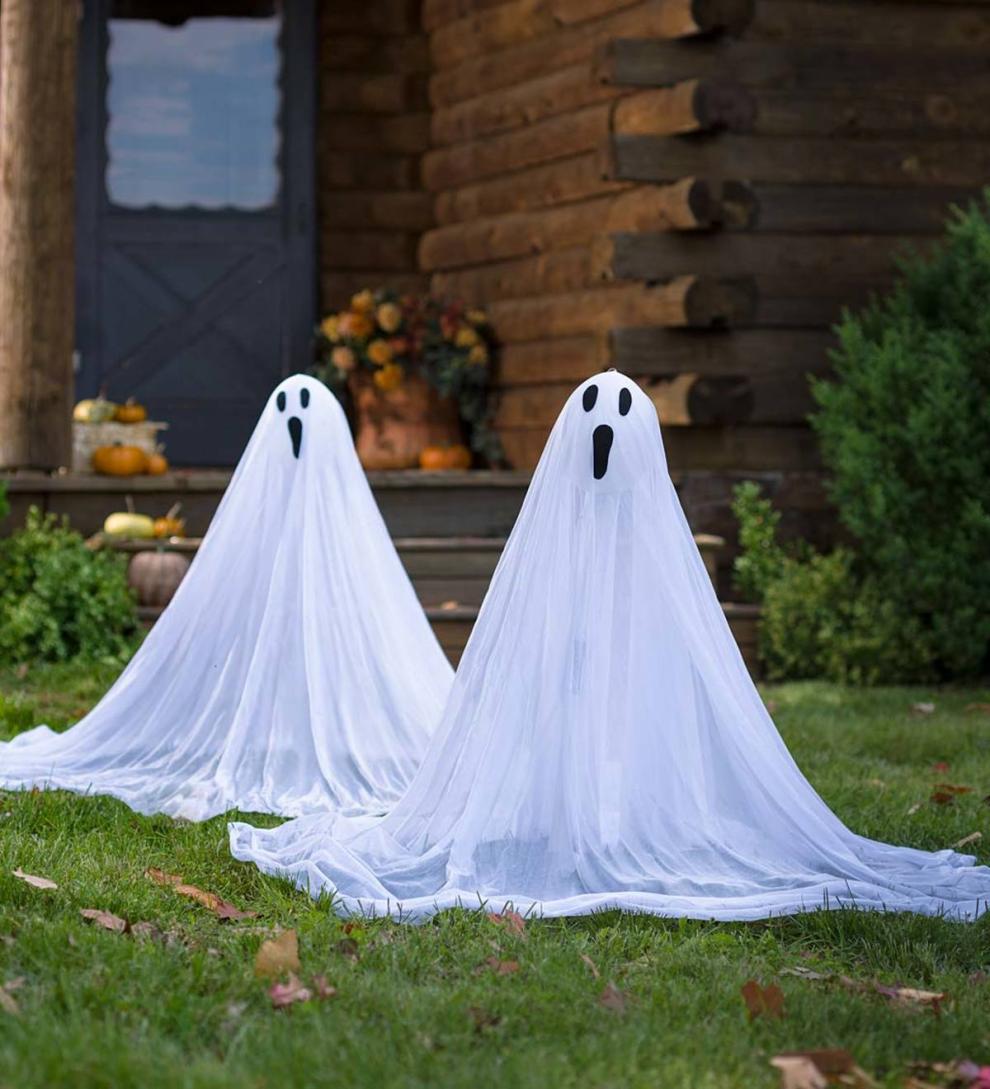 Plow & Hearth Decorative Garden Accents | Yard & Garden Lighted Color-Changing Halloween Ghost Stakes, Set Of 2