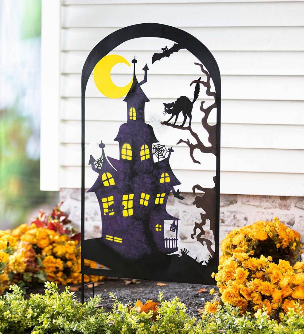 Plow & Hearth Decorative Garden Accents | Yard & Garden Metal Halloween Trellises In Witch And Haunted House Designs - Haunted House