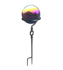 Plow & Hearth Decorative Garden Accents | Yard & Garden Metal Rainbow Gazing Ball With Wrought Iron Circle Stand - Rainbow