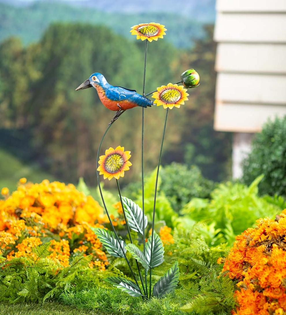 Plow & Hearth Decorative Garden Accents | Yard & Garden Sunflowers With Bird Metal Garden Stake