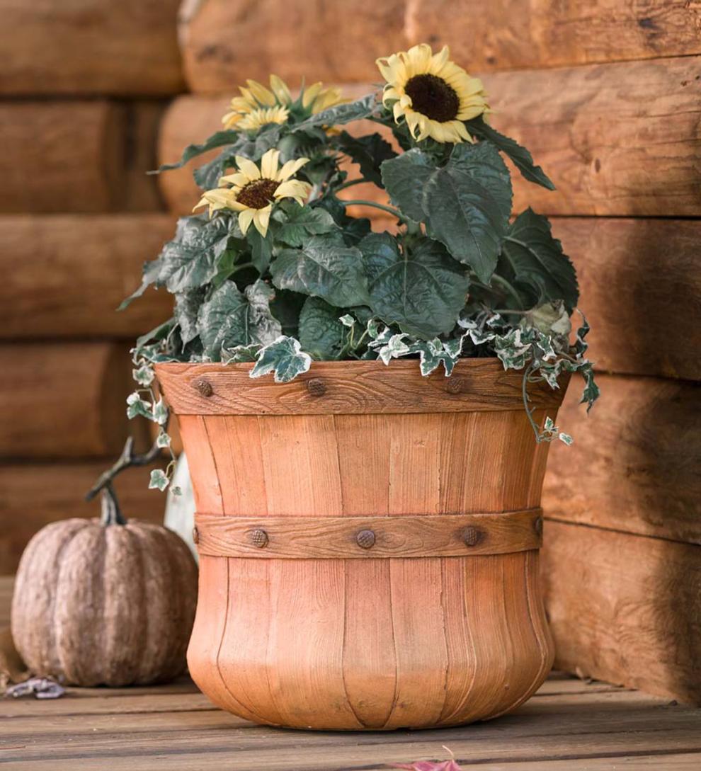 Plow & Hearth Decorative Planters | Yard & Garden Small Faux Wood Bushel Basket Planter