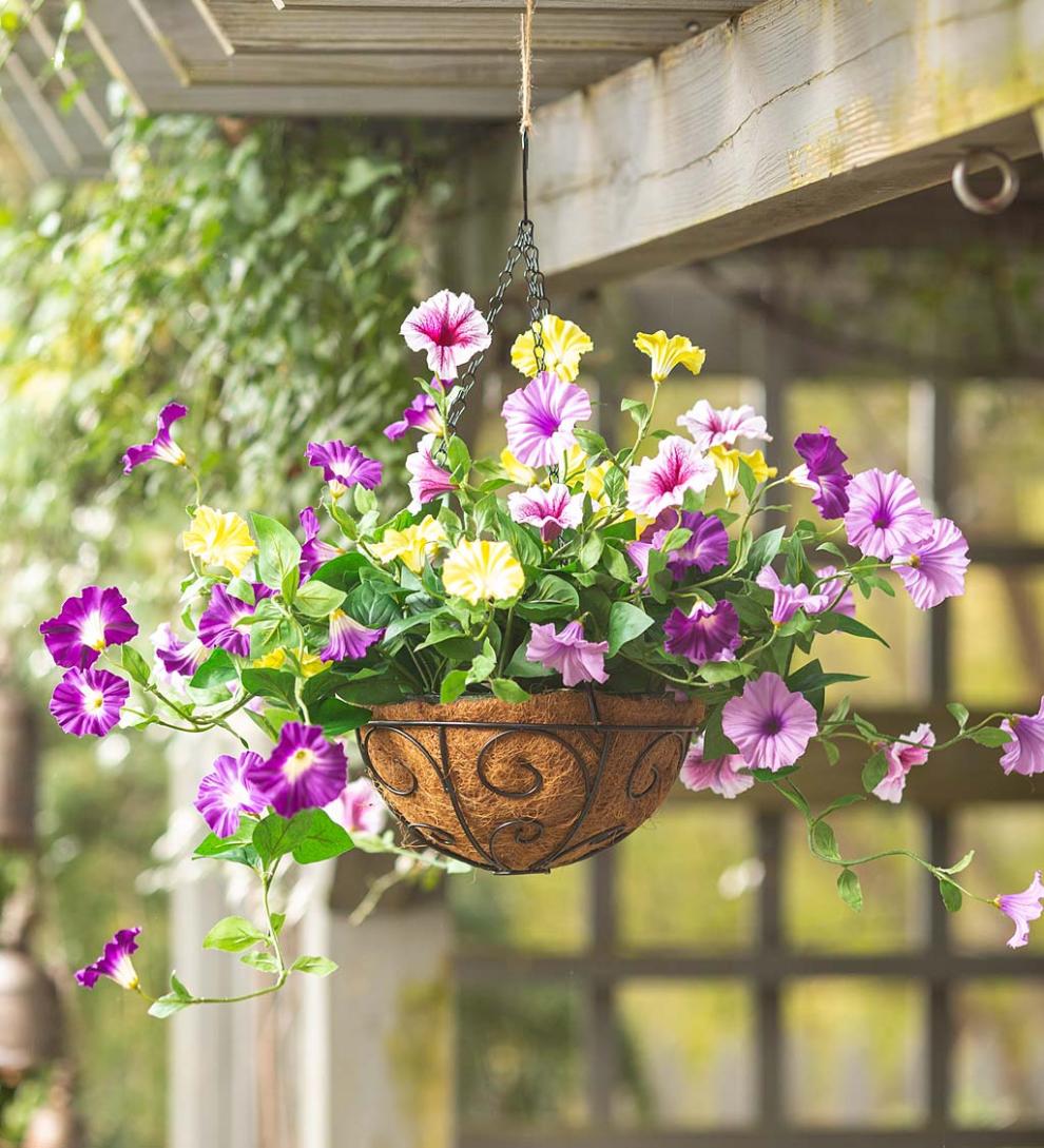 Plow & Hearth Faux Flowers & Plants | Indoor Living Faux Petunia Hanging Basket - Purple
