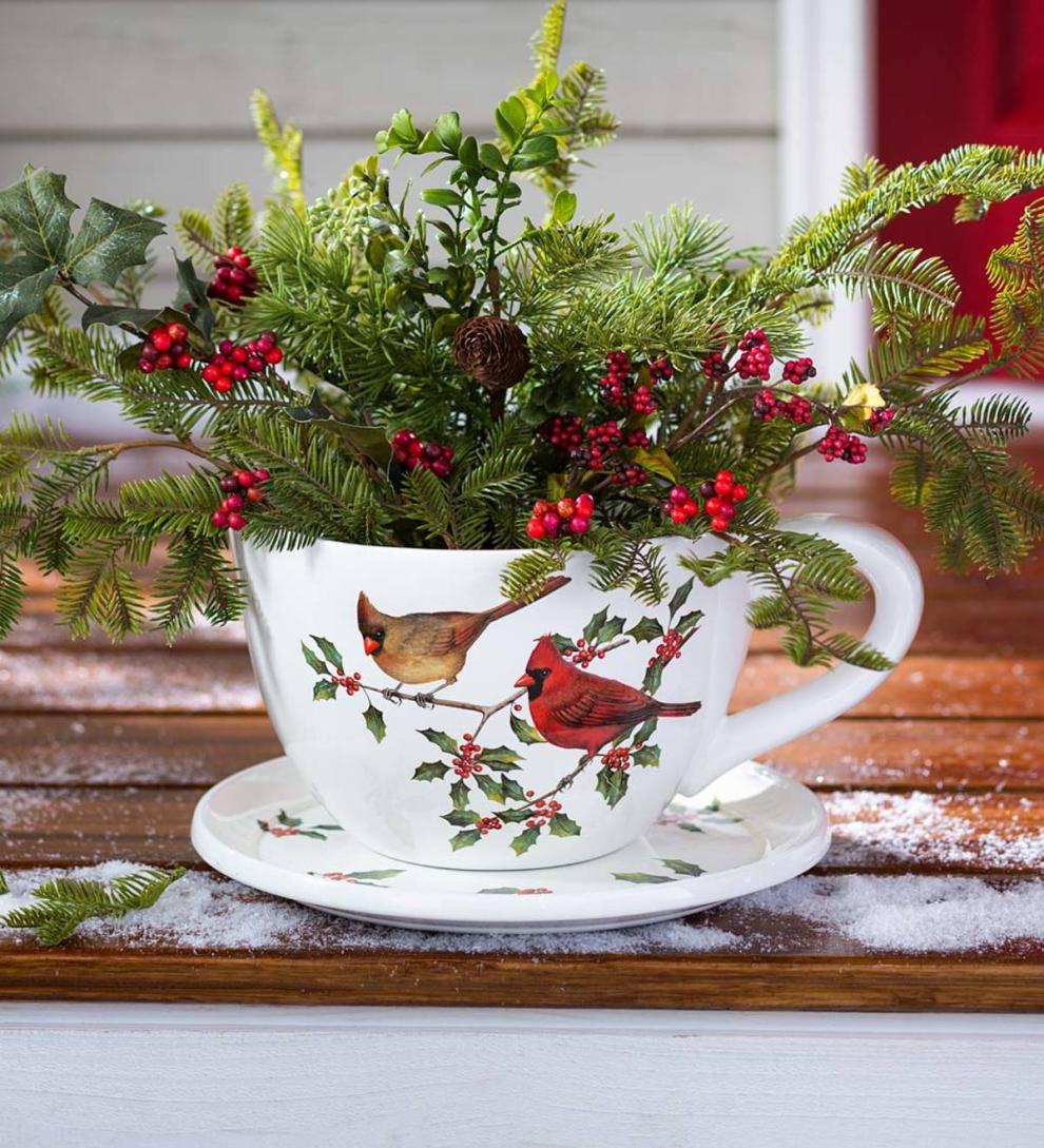 Plow & Hearth Fireplace & Mantel Décor | Fireplace & Hearth Indoor/Outdoor Cardinal Teacup Planter With Saucer