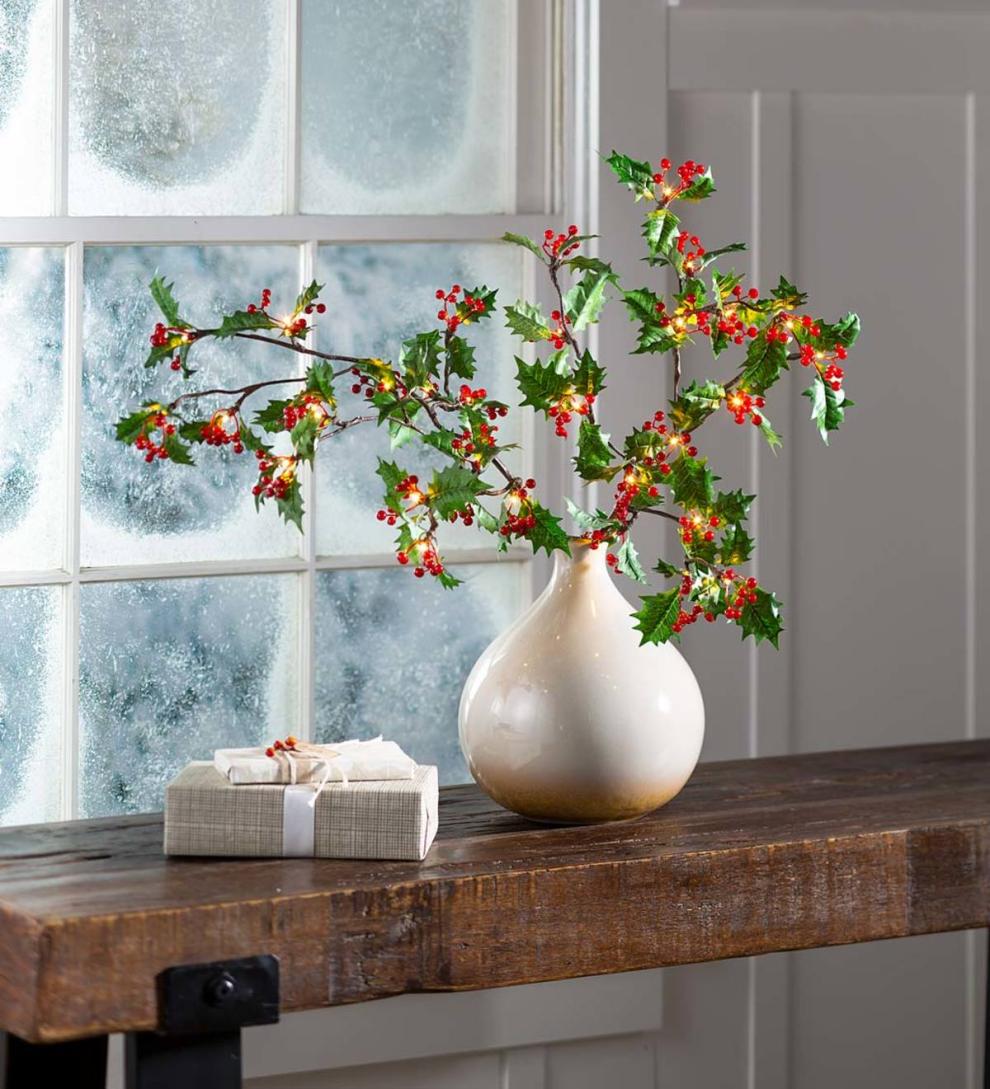 Plow & Hearth Fireplace & Mantel Décor | Fireplace & Hearth Indoor/Outdoor Holly And Berry Lighted Branches, Set Of 2