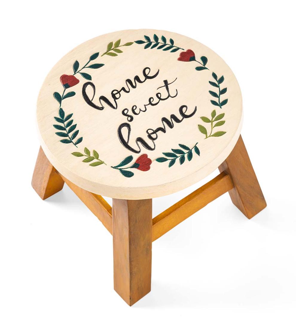 Plow & Hearth Footstools | Indoor Living Hand Carved Acacia Wood Home Sweet Home Footstool